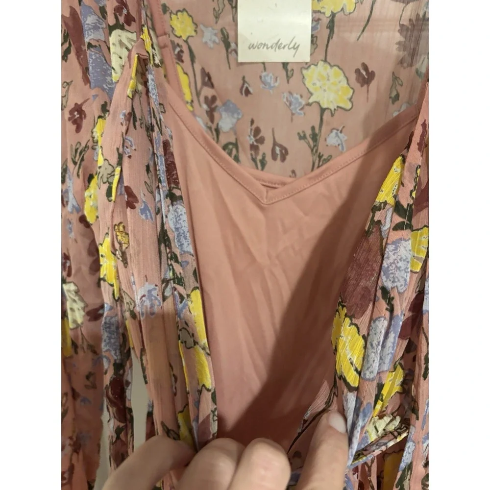 Wonderly Midi Dress Sheer Asymmetrical Hem Boho Flirty Pink Floral‎ Medium H245